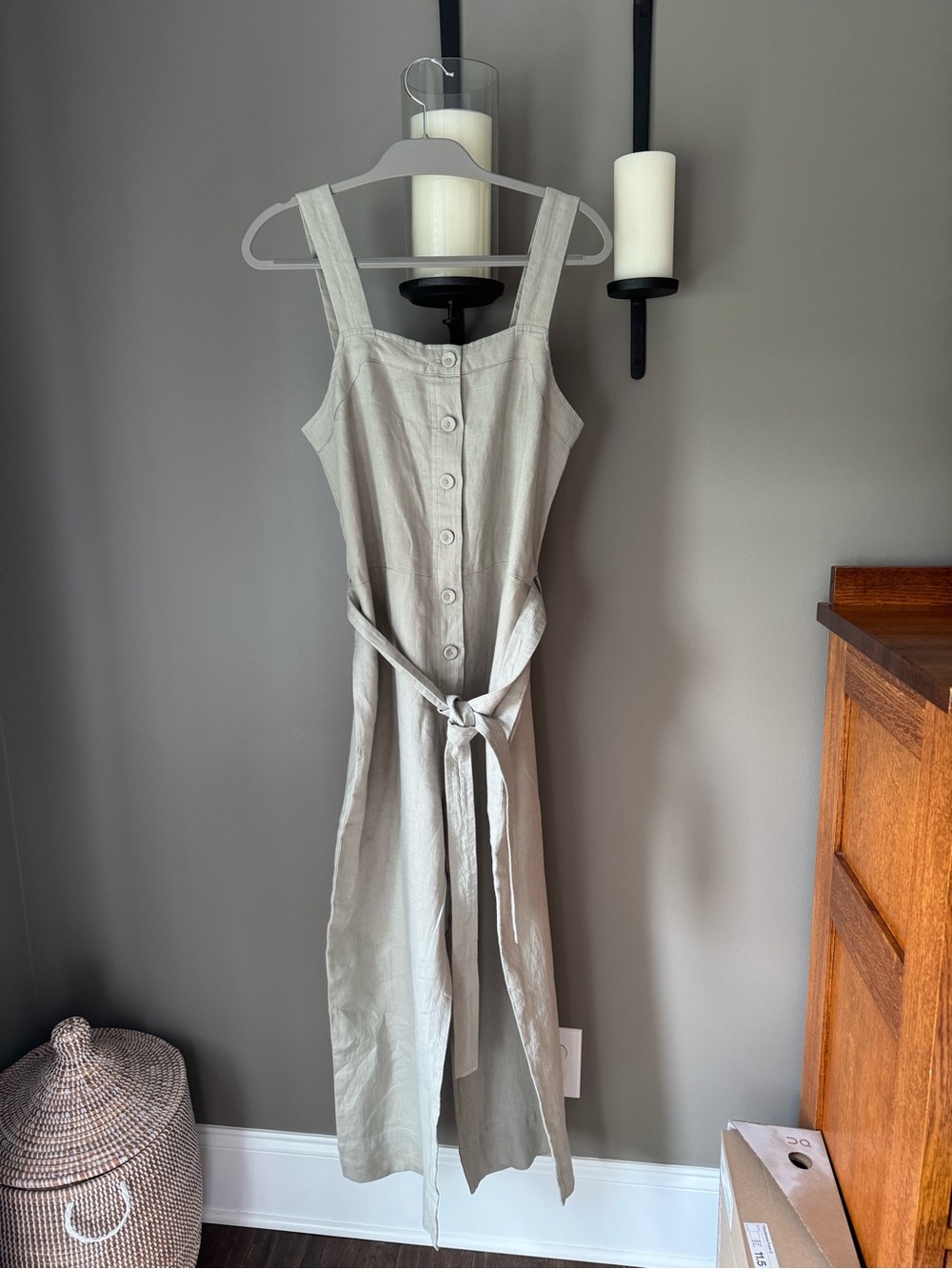 Everlane 100% Linen Button Front Tie Waist Jumpsuit Neutral Beige